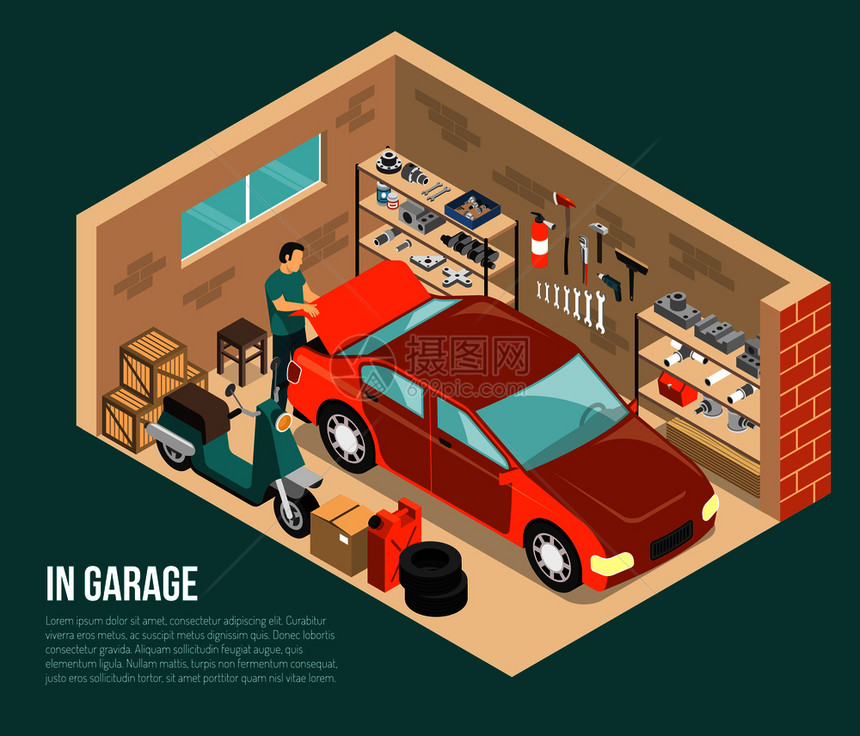 车库内绿色背景与人靠近汽车,货架与工具备件等距矢量插图车库内等距插图图片