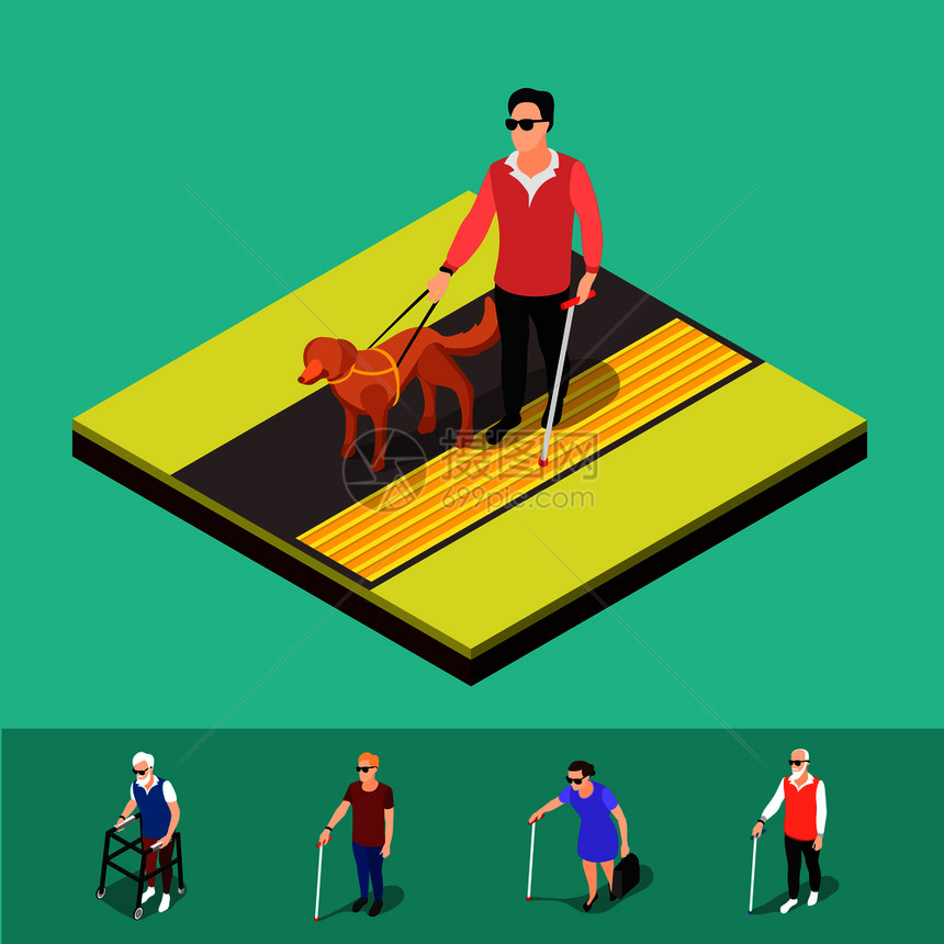 等距盲人背景与人类特征的部分视力人行走灯芯绒触觉铺路矢量插图盲人铺垫背景图片