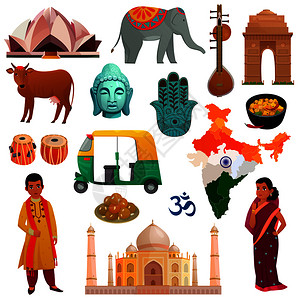 印度德里地标印度旅游的各种符号景点民族服装白色背景卡通矢量插图上印度旅行套装插画