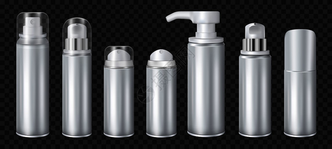金属瓶子铝液分配器模拟气溶胶除臭剂喷雾罐现实暗透明背景矢量插图铝喷雾罐透明插画
