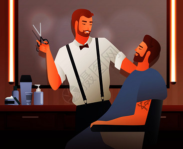 理发师,发型师,渐变,扁平的人,理发店内部用阴影矢量插图与两个人类人物成理发师平构图专业的高清图片素材