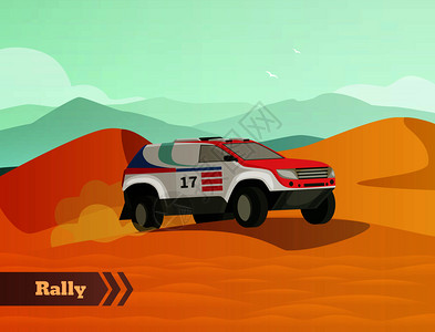 越野拉力赛赛车平构图与沙漠土地风光涂鸦风格的图像范围巡回赛车矢量插图拉力赛平坦的背景插画