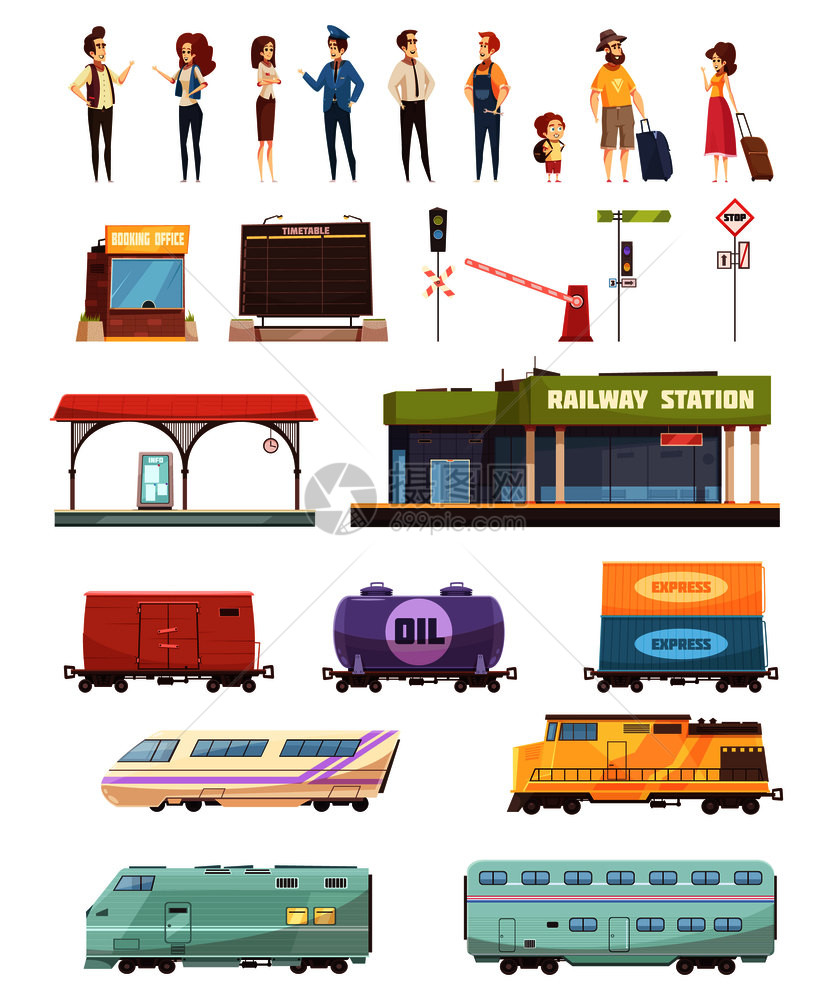 铁路装饰图标与车站建筑司机旅行者油罐货运客车隔离矢量插图铁路装饰图标图片
