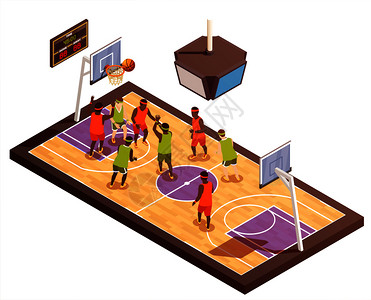 篮球等距构图与硬木操场人的特点的队成员与箍记分板矢量插图篮球场等距成图片