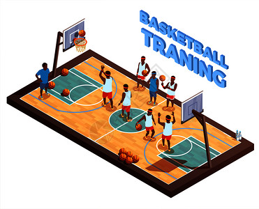篮球游戏篮球等距成与硬木球场篮球队与人的特点的球员教练矢量插图训练篮球等距构图插画