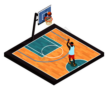 篮球场矢量插图篮球等距投注线作文与训练篮球场个球员与球箍矢量插图拾取球等距成插画