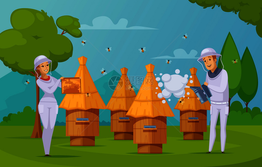 蜂场养蜂人采蜜卡通构图海报,用吸烟者手持蜂窝矢量插图蜜蜂农场采蜜卡通图片