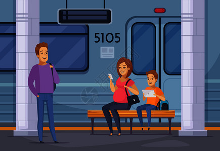 孕妇看平板电脑地下地铁乘客站台候车的卡通构图与微笑的孕妇手持智能手机矢量插图地铁地下人卡通构图插画