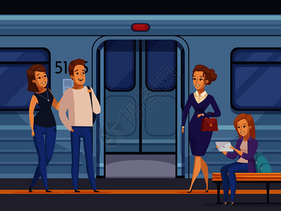 3号线地铁站人们地铁地铁站等待,背景卡通构图矢量插图上打开地铁车门地铁地铁站乘客卡通插画
