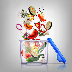 彩色塑料食品容器蔬菜写实构图与艺术运动矢量插图食品容器成图片