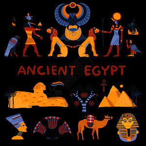 古埃及文化古埃及套装饰图标孤立黑色背景与宗教旅游符号矢量插图古埃及装饰图标插画