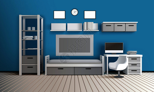 坐地板上私人房间现实的三维内部成与机箱货架,电视机,现代椅子时钟计算机矢量插图客厅3D内部插画
