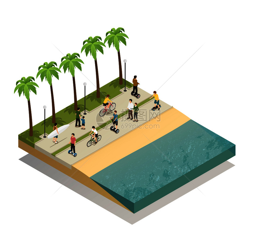 生态交通南海滩的理念与人们沿着海滨移动滑板赛格威自行车等距矢量插图南滩的生态运输图片