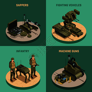 战斗机器人2x2集的步兵工兵战斗车辆机方形成等距矢量插图战斗机器人2x2图片
