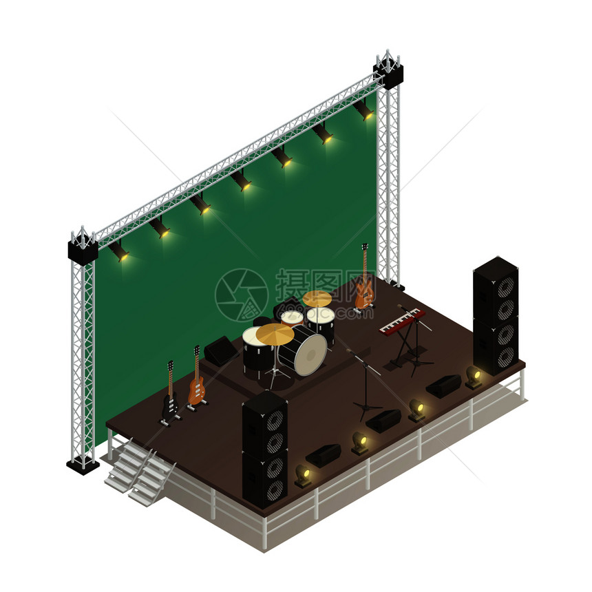 街头表演用音频放大器电吉他打击乐器等距矢量插图的桁架结构舞台等距矢量插图图片