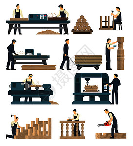 工匠雕刻木工工厂套图像成与木工机械人的角色,负责机器矢量插图木工木工木工工厂套插画