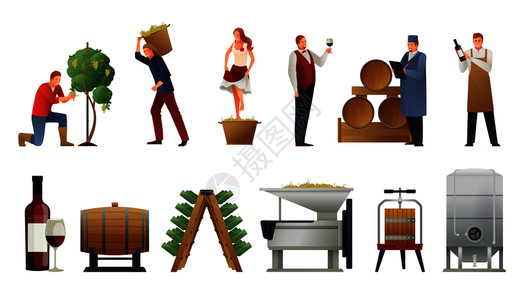 葡萄酒生产梯度与人瓶平隔离矢量插图葡萄酒生产装置图片