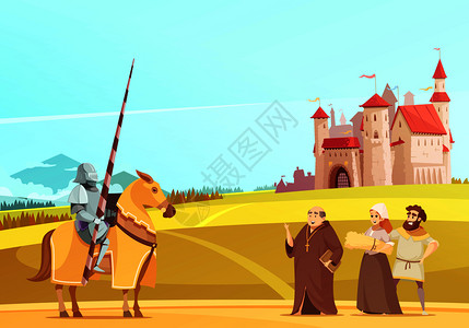 中世纪盔甲中世纪的生活场景,骑手穿着全身盔甲,城堡背景卡通矢量插图中世纪生活场景卡通海报插画