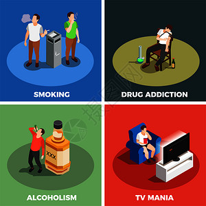 成瘾等距与吸烟,药物,酗酒电视躁狂隔离彩色背景矢量插图成瘾等距背景图片