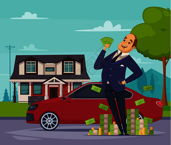 汽车纹理财富繁荣卡通构图与快乐的富商站他的汽车房子背景平矢量插图附近的钱堆富商卡通构图插画