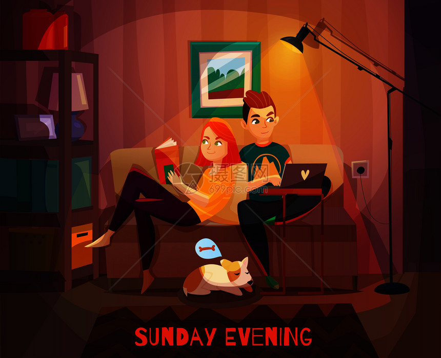 晚上休息的夫妇场景,男人女人沙发上,狗垫子矢量插图晚上休息的夫妇插图图片