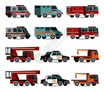 平应急车辆与消防轨道警车矢量插图扁平的应急车辆插画