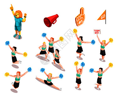 啦啦队比赛运动特技收集与女角色同的姿势,图像矢量插图啦啦队比赛角色设定图片