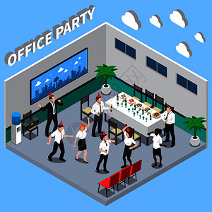 办公室小吃办公室派等距构图蓝色背景下与歌舞的人,桌子与小吃矢量插图办公室聚会等距成插画