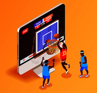 篮球等距投注线成与桌计算机篮球箍与球员数字矢量插图篮球线等距图片