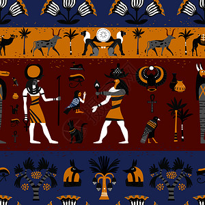 古埃及文化古埃及宗教无缝图案与神,象形文字符号,花卉装饰彩色背景矢量插图古埃及宗教无缝图案插画