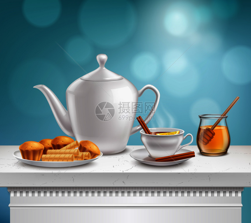 白瓷茶壶,全热茶杯璃,蜂蜜罐盘子松饼,华夫饼,逼真的构图矢量插图茶壶蜂蜜罐写实套图片