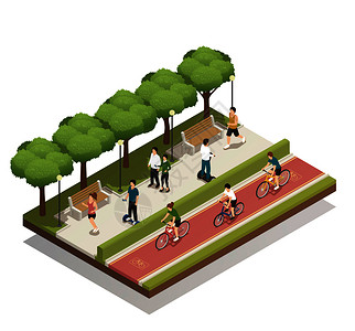 扬我国威元素城市景观成与人们城市公园骑着个人生态绿色交通等距矢量插图生态交通的城市成插画