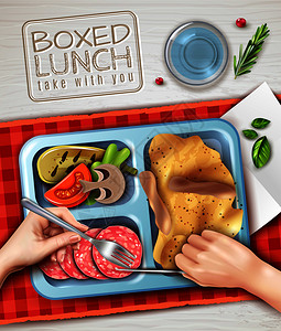 蓝色盒装午餐红色布灰色木制背景,手与叉子刀矢量插图盒装午餐手插图背景图片