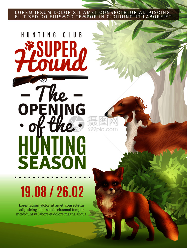 狩猎俱乐部信息海报开放季节与狐狸灰狗,灌木丛树木矢量插图狩猎季节开幕海报图片