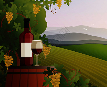 糖壤土山葡萄酒葡萄园的与山脉丘陵梯度平矢量插图葡萄酒葡萄园插图插画