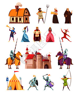 中世纪人物,历史建筑,卡通形象,城堡,帐篷,农民,国王,骑士公主,矢量插图中世纪人物建筑图标背景图片