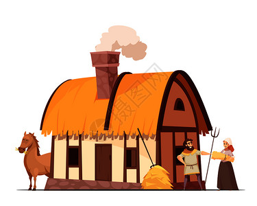 中世纪农民家庭与孵化屋顶房子后院马堆叠干草卡通矢量插图中世纪农户卡通插图背景图片