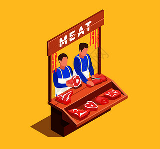黄色背景上销售肉类等距成分,柜台附近香肠牛肉猪肉矢量插图销售肉类等距成分背景图片