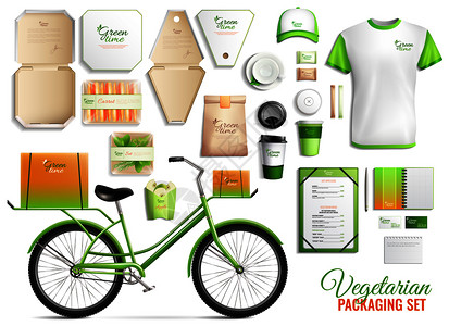 套品牌标识的素食包装,工作制服,绿色自行车隔离矢量插图素食包装套装图片
