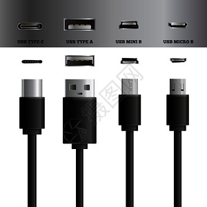 真实的USB电缆连接器类型的图像集与现代类型的USB插头插座矢量插图USB电缆插座套背景图片