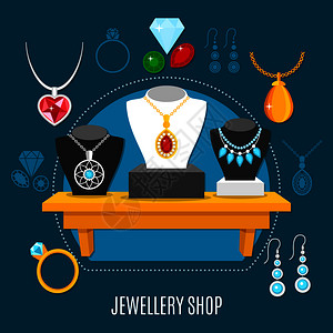 展示珠宝店与项链假人,宝石,耳环,戒指成的蓝色背景矢量插图展示珠宝店的成背景图片
