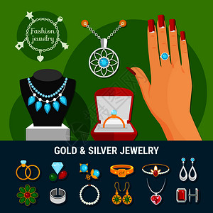 收集珠宝图标与时尚金银戒指,耳环,胸针,螺柱,手镯矢量插图珠宝图标收藏背景图片