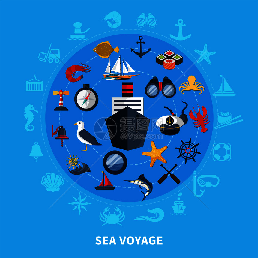 航海与船舶海鸥指南针蓝色背景平矢量插图航海插图图片
