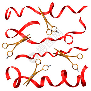 金剪刀现实剪刀大开口与图像金色剪刀红色丝带空白背景矢量插图剪刀丝带套装插画
