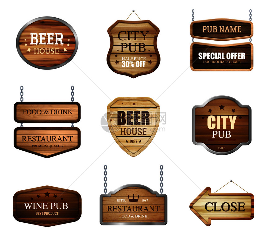 逼真的木制纹理标志集的孤立标志板图像为酒吧餐厅与可编辑的文本矢量插图木制商店标志收集图片