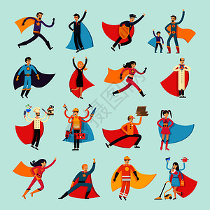 坚强人物素材超级英雄正交平人物包括商人,家庭主妇,厨师,医生斗篷孤立矢量插图超级英雄正交扁平人插画