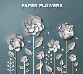 灰色背景三维矢量插图上,茎上叶的各种形状的真实白纸花现实的纸花背景图片