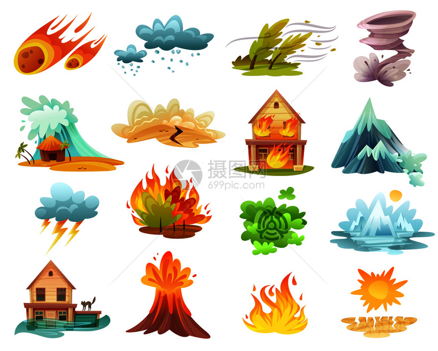 自然灾害卡通图标与火灾,海啸,洪水,火山爆发,冰融孤立矢量插图自然灾害卡通图标图片