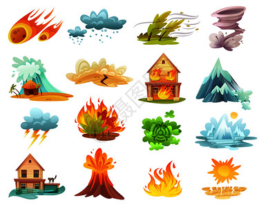 自然灾害卡通图标与火灾,海啸,洪水,火山爆发,冰融孤立矢量插图自然灾害卡通图标背景图片