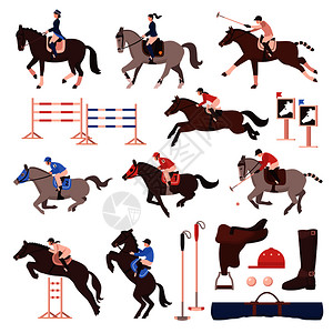 马术运动集平图标与骑手马球运动员,马,齿轮,跨栏孤立矢量插图马术运动图标背景图片